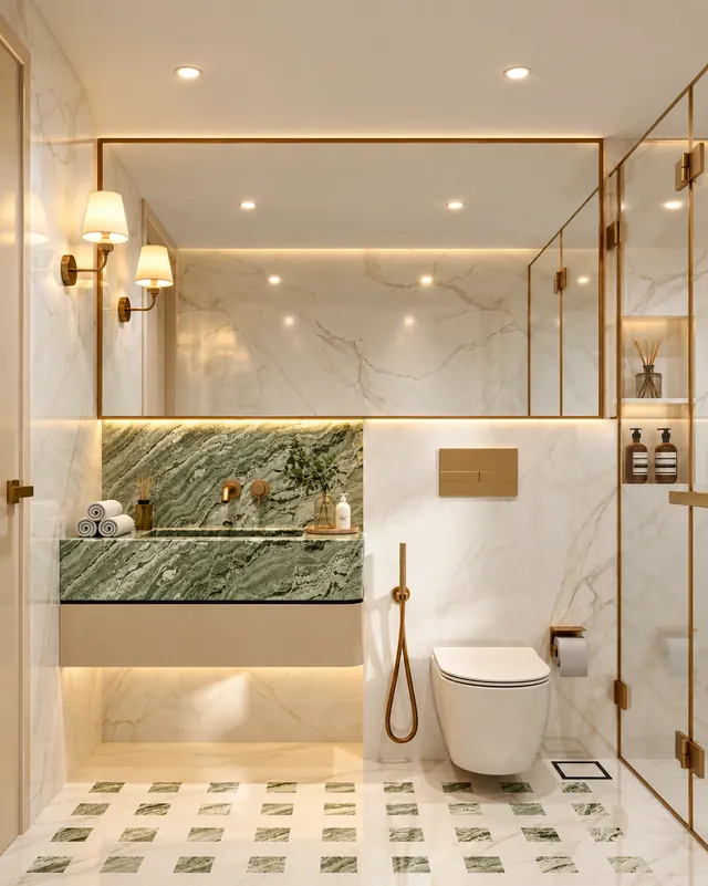 Marble bathroom with a green stone vanity