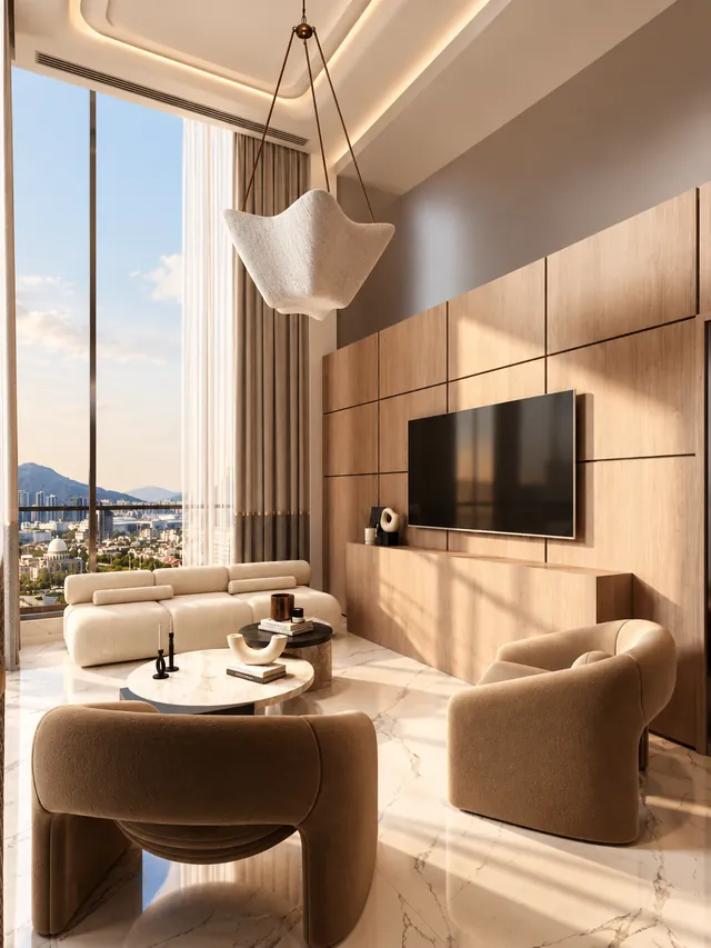 Lounge with a wall-mounted screen and a sea view