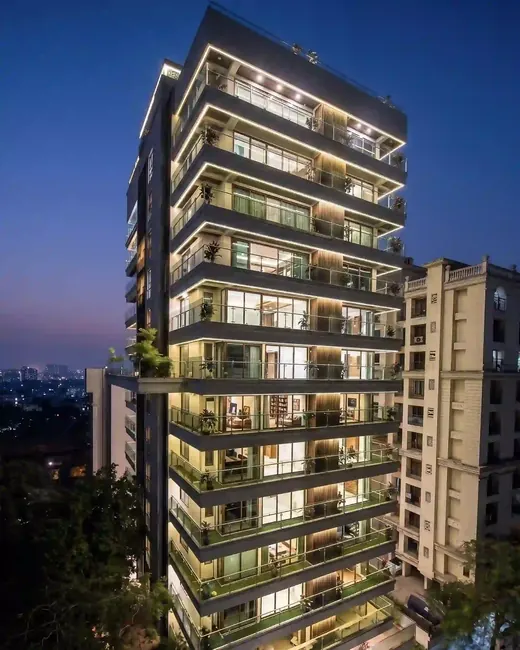 Khushi Pride Belmondo tower illuminated at night